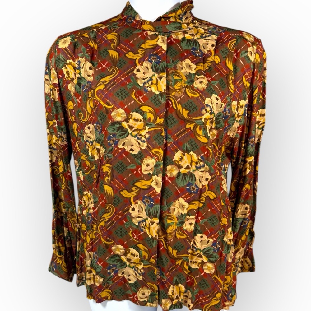 VTG Women's Pendleton Country Sophisticates Brown Floral High Neck‎ Blouse 14P